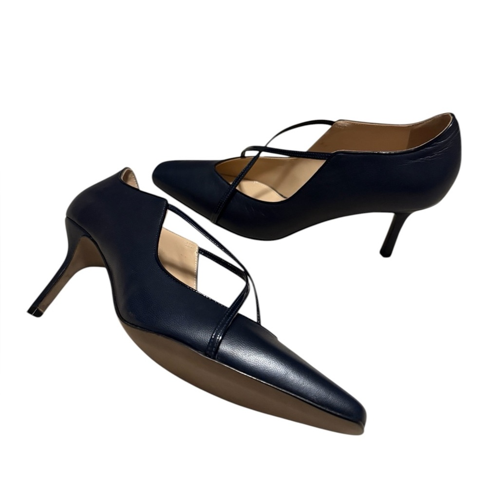 Lafayette 148 New York Square Toe Cross Strap Heels in Navy Blue Size 37 US 7 - Picture 4 of 6